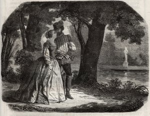 Don Juan diskutierte mit Anna von Österreich (1549-1580) über seine mögliche Verbindung mit Prinz Don Carlos (1545-1568), Sohn von König Philipp II. von Spanien (1527-1598). Gravur von 1871 in „Histoire Des Cocus Celebres“ von Henry de Kock (1819-1892) von French School