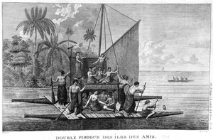 Doppelpiroge der Freundlichen Inseln, Illustration aus dem Atlas du Voyage à la recherche de La Pérouse, 1792