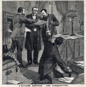 Dreyfus-Affäre: Drei Zivilbeamte und ein Polizeikommissar durchsuchen das Haus von Georges Picquart (1854-1914). In „Le Petit Parisien“ am 05.12.1897. Private Sammlung von French School