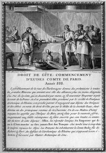 Droit de Gite, Beginn von Eudes, Graf von Paris, Jahr 888. König Guy (Gui) III., Herzog von Spoleto (gestorben 894), wurde vom Bischof von Metz unter dem Recht einer Hütte beherbergt (feudales Recht, das einem Herrn das Recht gibt, von seinem Volk beherber von French School