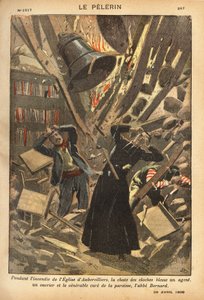 Während des Brandes der Kirche von Aubervilliers verletzte der Sturz der Glocken einen Beamten, einen Arbeiter und die Gemeindepflege. Gravur in "Le pelerin" 29.04.1900. Selva-Sammlung. von French School