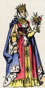 Dynastie der Kapetinger: Porträt von Margarete von der Provence (1221-1295), Königin von Frankreich, Ehefrau von Ludwig IX. von Frankreich (1214-1270). Epinal-Bildgebung aus dem späten 19. Jahrhundert. Private Sammlung.