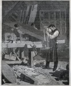 Ebenisterie: Ebenist-Arbeiter spaltet ein Brett am Werkstück. Gravur von 1885 in „Les arts et métiers illustrés“ von Adolphe Bitard.