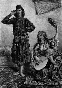 Ägyptische Musiker und Tänzer. Ein Mann hält Zimbeln zwischen seinen Fingern. Gravur in „Le Journal de la jeunesse“ von French School