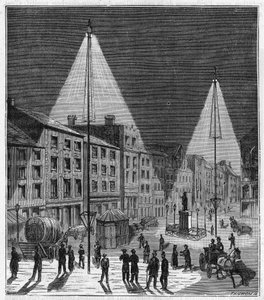 Elektrische Beleuchtung der Stadt Norwich in England im 19. Jahrhundert - Gravur in „Sciences à la portée de tous - Physique et chimie populaires“ von Alexis Clerc - Spätes 19. Jahrhundert