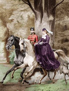 Kaiser Franz Joseph der Erste und Kaiserin Elisabeth von Österreich aus Wittelsbach (1837-1898) reiten Pferde (Gravur) von French School