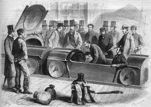 England 1865: Londoner Luftbahn. Der Herzog von Buckingham und mehrere Mitglieder der Gesellschaft begannen die pneumatische Reise. Gravur von 1865. von French School
