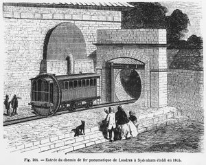 Eingang der pneumatischen Eisenbahn von London nach Sydenham, eingerichtet 1865 - in „The Wonders of Science“, von L. Figuier. von French School