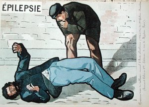 Epileptischer Anfall durch akuten Alkoholismus, aus Dr. Galtier-Boissieres Wandbild über die Gefahren des Alkoholismus, Ende 19. Jh. von French School