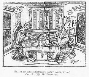 Erasmus und sein Sekretär Gilbert Cousin (Holzschnitt) von French School