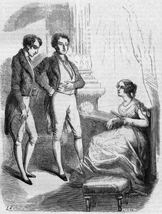 Eugène de Rastignac wird Madame de Nucingen vom Marquis von Adjuda vorgestellt. Gravur Mitte des 19. Jahrhunderts. Illustration für „Vater Goriot“ von Honoré de Balzac (1799-1850) von French School