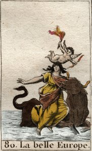 Europa wird von Zeus in Gestalt eines Stiers entführt. Aus „Mythologie der Jugend“ von Pierre Blanchard 1803. von French School