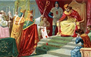 Exkommunikation von Robert II. dem Frommen im Jahr 998. Der König von Frankreich, Sohn von Hugues Capet, verliebt sich und heiratet seine Cousine Berthe von Burgund trotz der Missbilligung von Papst Gregor V., der ihn auch exkommuniziert. Chromolithographi von French School