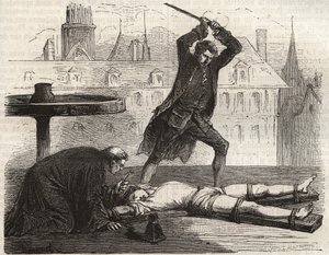 Hinrichtung (Le torice de la roue) des Giftmischers Antoine-Francois Desrues (1744-1777) auf der Place des Greves in Paris im Jahr 1777 - Bestrafung von Desrues, auf dem Rad gebrochen auf der Place de Greve in Paris von French School