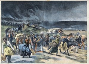 Exodus der Bewohner von Fort-de-France nach dem Ausbruch des Vulkans Montagne Pelee auf Martinique. Gravur in „Le Petit Parisien“. von French School