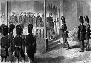 Expedition nach Mexiko (1861-1867): Napoleon III. (1808-1873) übergibt den Sergeanten der Grenadierregimenter die von der französischen Armee in Mexiko erbeuteten Fahnen