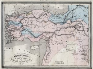 Expedition des Kyros des Jüngeren (5. Jahrhundert v. Chr.) und Rückzug der Zehntausend - Tafel aus dem „Universalatlas der alten und modernen Geographie für Internatsschulen“ von Vuillemin - ca. 1845.