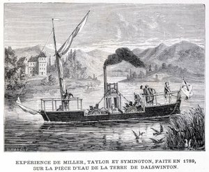 Erfahrung von Miller, Taylor und Symington, gemacht im Jahr 1789, auf dem Wasserstück des Landes von Dalswinton - in „Album der Wissenschaft; berühmte Gelehrte; Große Entdeckungen“ 1896. von French School