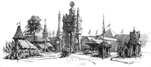 Weltausstellung in Antwerpen (Belgien) 1885: Ansicht der Gebäude der Ausstellung. Gravur in „Le Monde Illustre“, 22. August 1885