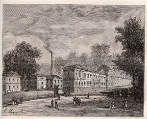 Außenansicht der Kaiserlichen Porzellanmanufaktur von Sevres, erbaut im Park von Saint Cloud nach den Plänen des Architekten Laudin - Gravur in „France illustree: geographie, histoire, administration statistique“ von V.-A. Malt-Brown. 1884 von French School