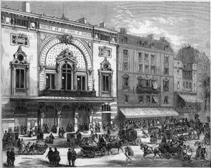 Außenansicht des Théâtre de la Porte Saint-Martin in Paris, wiederaufgebaut 1873. Gravur in „Le Monde Illustré“ Nr. 856 vom 6. September 1873. von French School