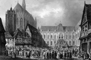 Außenansicht des Gerichtsgebäudes. In „Notre Dame de Paris“ von Victor Hugo, Gravur von 1844. von French School