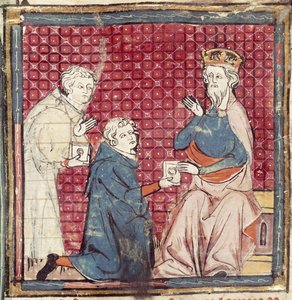 F.117r Boten berichten Karl dem Großen vom Sieg über die Sarazenen, aus den Grandes Chroniques de France, 1375-79 von French School