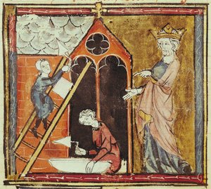 F.235v König Ludwig VI. (1080-1137) beobachtet den Bau einer Kirche, aus den Grandes Chroniques de France, 1375-79 von French School