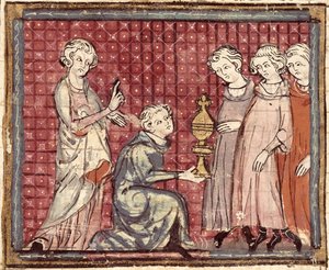 F.29r Die Teilung des Königreichs nach dem Tod von Chlothar I. (497-561), aus den Grandes Chroniques de France 1375-79 von French School