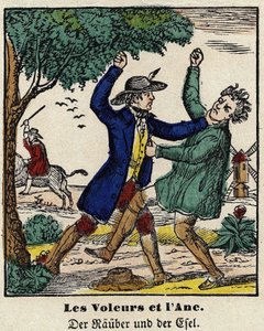 Fabeln von La Fontaine: Die Diebe und der Esel. Bild von Epinal, erste Hälfte des 19. Jahrhunderts von French School