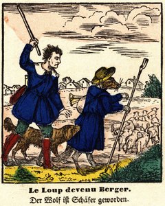 Fabeln von La Fontaine: Der Wolf wurde Schäfer (Bild von Epinal, erste Hälfte des 19. Jahrhunderts) von French School