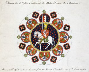 Faksimile eines Kirchenfensters der Kirche Notre Dame von Chartres: Simont de Montfort, Graf von Leicestre, Bruder von Simont Conétable unter Saint Louis im Jahr 1231