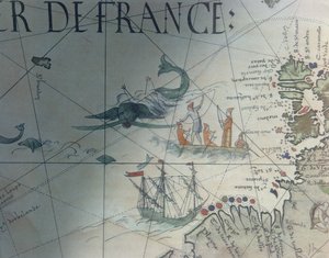 Faksimile von Walfang und Insel Saint Brandon, Detail aus einer Portolankarte von Pierre Desceliers, 1546, veröffentlicht in Monuments de la Geographie von Edme Francois Jomard