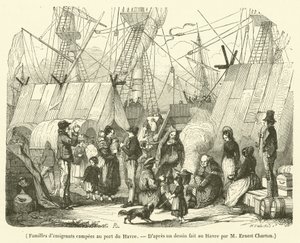 Familien von Auswanderern im Hafen von Le Havre (Gravur) von French School