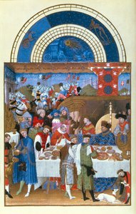 Faksimile von Januar: Bankettszene von den Limbourg-Brüdern, aus den Tres Riches Heures du Duc de Berry von French School