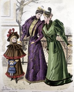 Mode: 2 Frauen und ein Mädchen mit einer Puppe. 1892