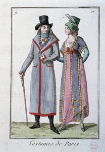 Mode unter dem Direktorium: ein elegantes Pariser Paar. Anonyme Lithografie von 1795. Paris, Kostümmuseum von French School