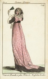 Modische Frau im Spitzen-Schleier, Damast-Musselinkleid von French School