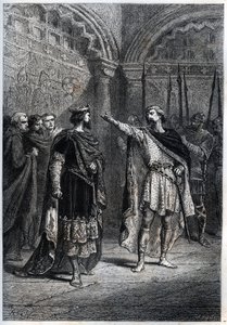 Feudalsystem: „Wer hat dich zum König gemacht?“ : Audebert (Adalbert), Graf von Périgord (968-995), antwortet König Hugues Capet (938-996) frech, der ihn fragte, wer ihn zum Grafen gemacht habe - Gravur aus „Histoire de France“ von Guizot von French School