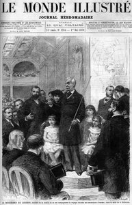 Ferdinand de Lesseps ist umgeben von seiner Familie und seinen Reisegefährten und erzählt von seiner Reise nach Panama im Salle de la Sorbonne. Titelblatt der „Illustrous World“ von 1880