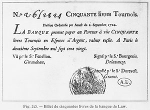 Fünfzig Pfund französischer Banknote der Law Bank, datiert 2. September 1720 von French School