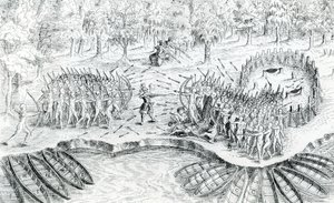 Kampf der Huronen, aus Voyage de Champlain in 1624 von Samuel de Champlain