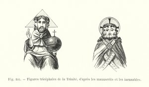 Dreiköpfige Figuren der Dreifaltigkeit, nach Manuskripten und Inkunabeln von French School