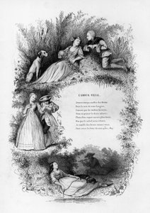 Kindliche Liebe. Ein junger Mann verführt drei junge Frauen auf dem Land. Gravur in „Chants et chansons populaire de la France“, Band 2