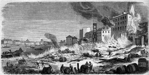 Brand der Weinkeller von Bercy am 5. August 1860. Gravur in „Le Monde Illustré“ Nr. 174 vom 11. August 1860.