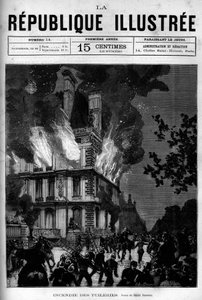 Brand des Flore-Pavillons in den Tuilerien in Paris. Eine Zeitung. Gravur von 1880 in „La république illustrée“, private Sammlung.