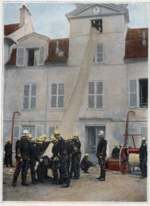 Feuerwehrleute von Paris. Die Rettung hat Vorrang. Das Klettern, um in die Nähe der Katastrophen zu gelangen, erfolgt sofort mittels Haken, Stuhlknoten oder des Rettungssacks, der vom Pumpenleiter und dem ersten Diener montiert wird. Die Pioniere unten unt von French School