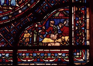 Fischhändler, Detail aus einem Fenster, das Szenen aus dem Leben des hl. Antonius darstellt, aus dem südlichen Umgang