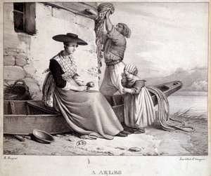 Fischer, seine Frau in regionaler Tracht und ihr Kind in Arles von French School