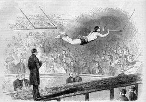 Fliegende Trapeznummer des französischen Akrobaten Jules Léotard im Cirque de Napoléon (heute Cirque d